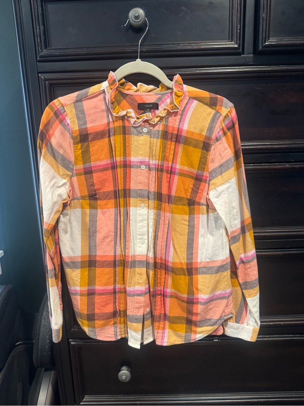 J. Crew Plaid Ruffle-Collar Button-Down Shirt – Pink, Mustard & Cream